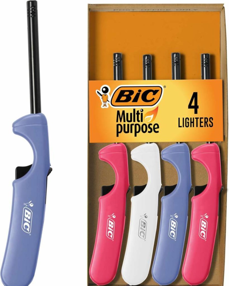 BIC 4-Pack Multi-Purpose Long Lighters for Candles, Fireplaces, and Grills - Assorted Colors (Colors May Vary) - Reliable Flame for Indoor & Outdoor Use