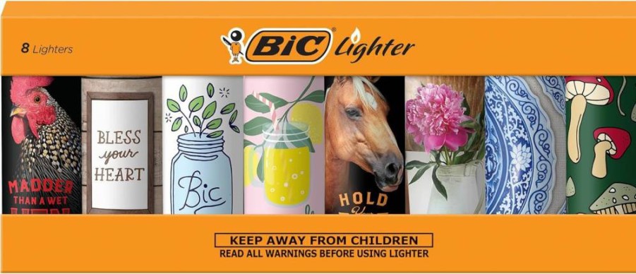 BIC Maxi Pocket Lighter 8-Pack, Special Edition Countryside Pop Collection with Unique Designs, Assorted Colors