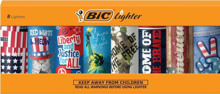 BIC Pocket Lighter Americana Special Edition, 8-Pack Assorted Unique Designs, Windproof Disposable Lighters