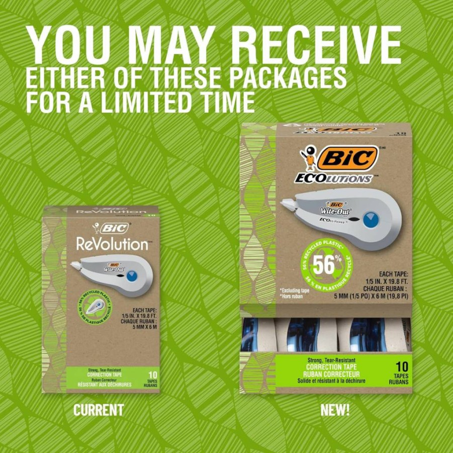 BIC Wite-Out Correction Tape, 20-Pack of 19.8 ft Rolls, Eco-Friendly 56% Recycled Plastic, White Out Tape for Office & School Supplies