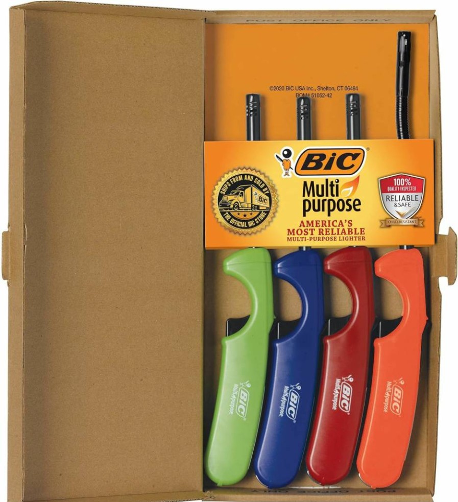 BIC Classic Multi-Purpose Lighters 4-Pack with Flex Wand for Fireplace, Candles & Household Use - Assorted Colors (Colors May Vary)
