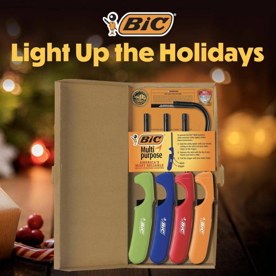 BIC Classic Multi-Purpose Lighters 4-Pack with Flex Wand for Fireplace, Candles & Household Use - Assorted Colors (Colors May Vary)