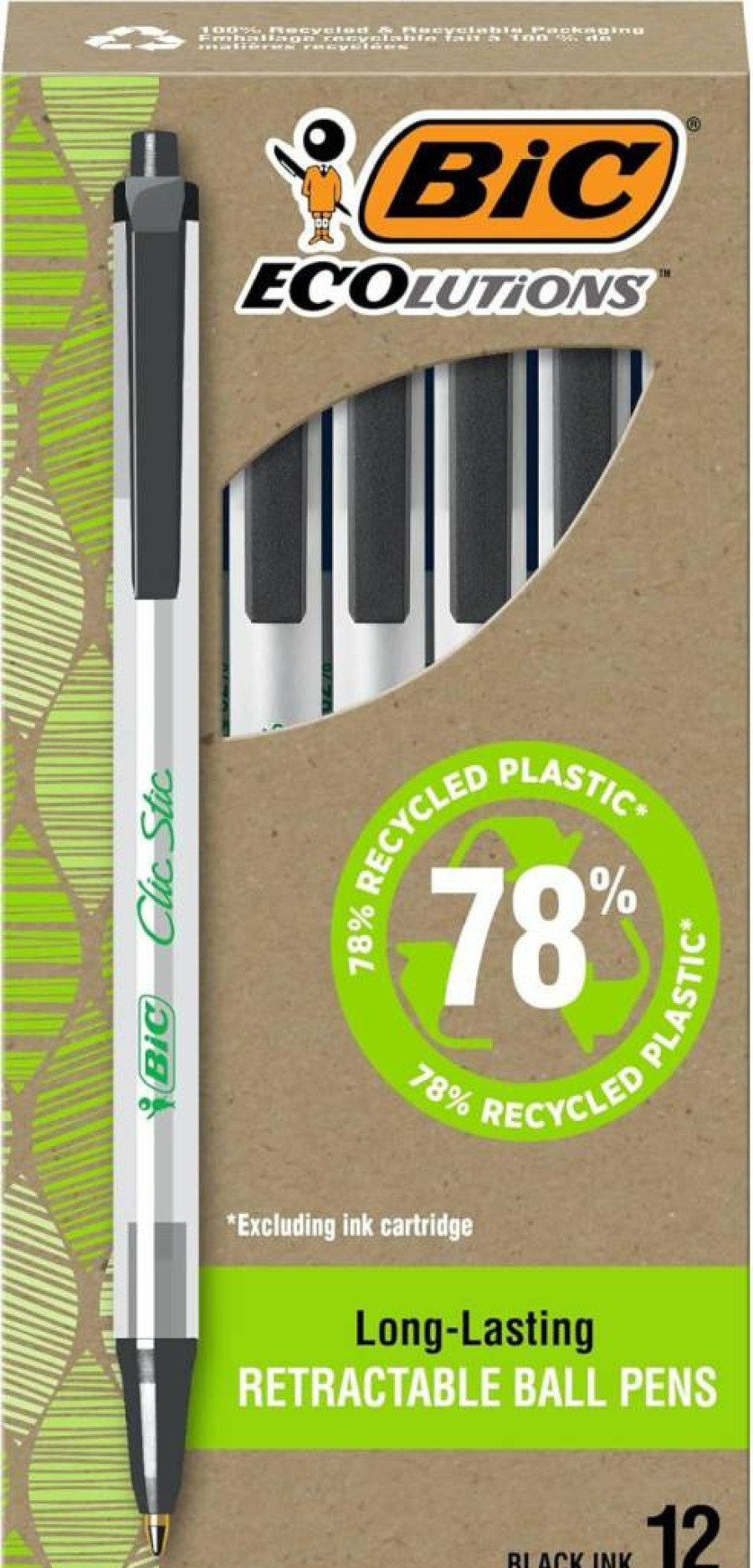 BIC Ecolutions Clic Stic Retractable Ballpoint Pens, Medium Point 1.0mm, 12-Pack, Made with 78% Recycled Plastic, Black Ink