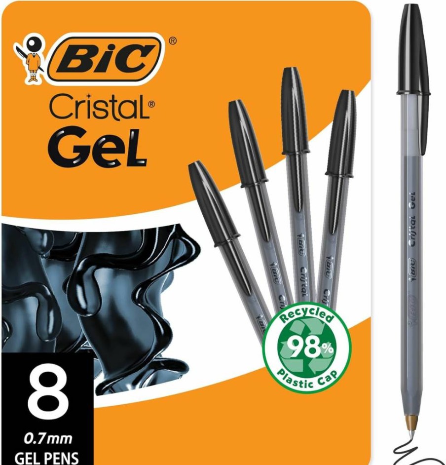 BIC Cristal 0.7mm Medium Point Gel Pens - 8-Pack Smooth Black Ink Pens for Long-Lasting Writing