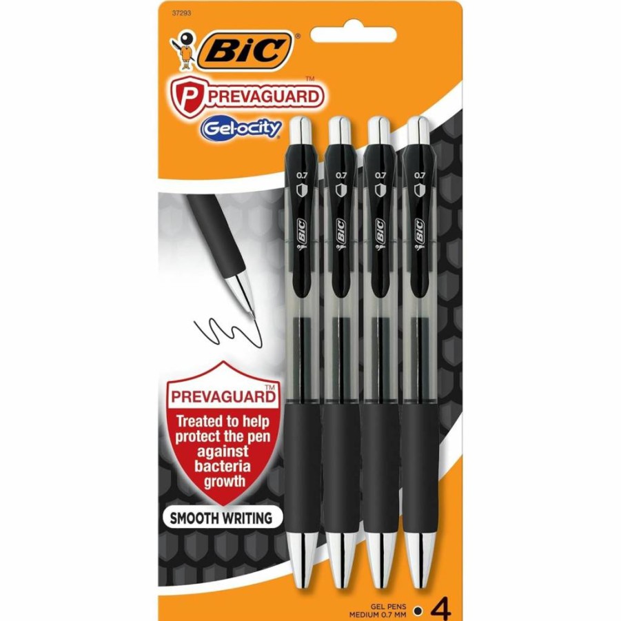 BIC Prevaguard Gel-Ocity Antimicrobial Gel Pen, Medium Point 0.7mm, Black Ink, 4-Pack, Bacteria-Resistant Writing Tool