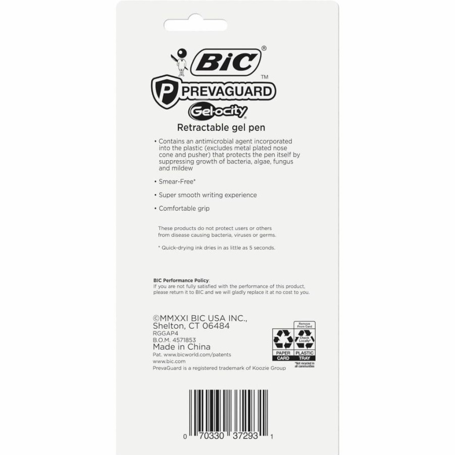 BIC Prevaguard Gel-Ocity Antimicrobial Gel Pen, Medium Point 0.7mm, Black Ink, 4-Pack, Bacteria-Resistant Writing Tool
