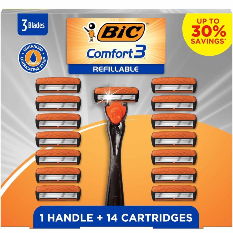 BIC Comfort 3 Refillable Men's Razor Gift Set - 1 Handle & 14 Cartridges, 3-Blade Shaving Razor for Men