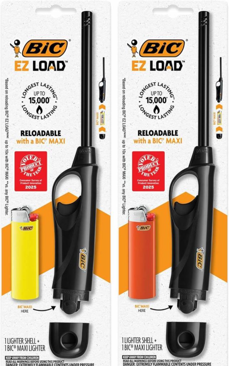 BIC Ez Load Multi-Purpose Refillable Lighter for Camping, Grilling, Fireplaces - Includes 2 Long Shells & 2 Maxi Pocket Lighters