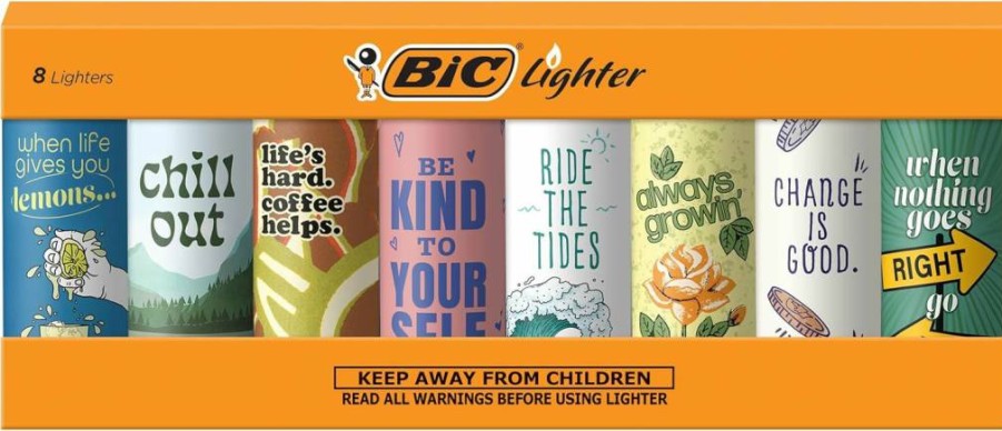 BIC Maxi Pocket Lighter 8-Pack, Special Edition Positive Affirmations with Assorted Unique Designs, Windproof Disposable Lighters for Everyday Use