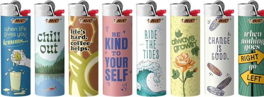 BIC Maxi Pocket Lighter 8-Pack, Special Edition Positive Affirmations with Assorted Unique Designs, Windproof Disposable Lighters for Everyday Use