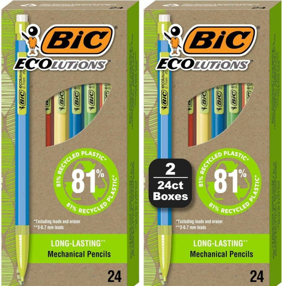 BIC Ecolutions Recycled Mechanical Pencils (0.7mm) - 96-Pack Colorful Barrel Erasers Included - 81% Post-Consumer Plastic
