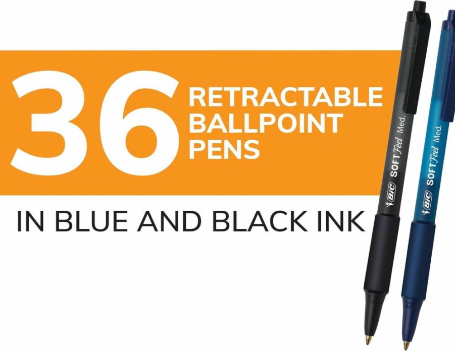 BIC Soft Feel Retractable Ballpoint Pens, 1.0mm Medium Point, 36-Pack, Black Ink, Comfort Grip for Smooth Writing