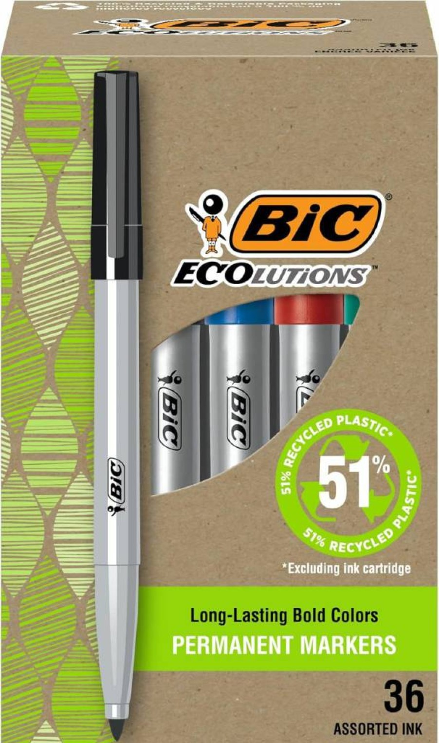 BIC Ecolutions Fine Point Permanent Markers, 36-Pack Assorted Colors, Bullet Tip, Made with 51% Recycled Plastic, Excludes Ink Cartridge