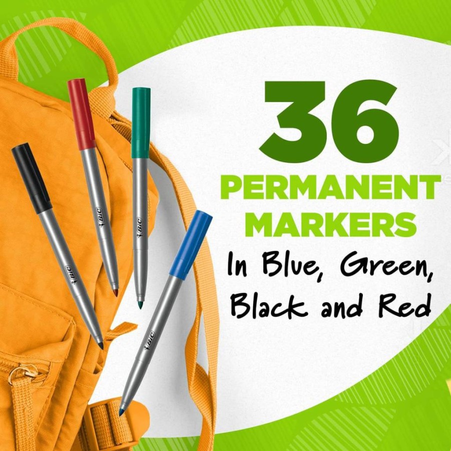 BIC Ecolutions Fine Point Permanent Markers, 36-Pack Assorted Colors, Bullet Tip, Made with 51% Recycled Plastic, Excludes Ink Cartridge
