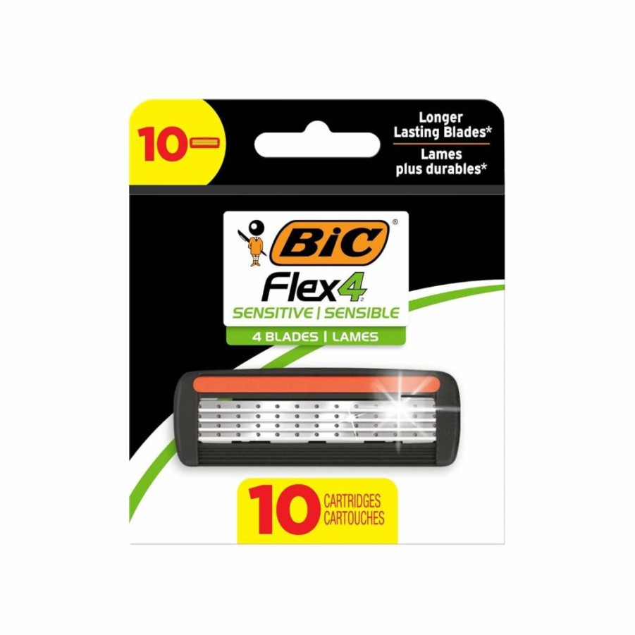 BIC Flex 4 Refillable Razor for Men with 4 Blades, 1 Handle & 8 Cartridges – 9-Piece Shaving Kit for Sensitive Skin, Long-Lasting Disposable Razors