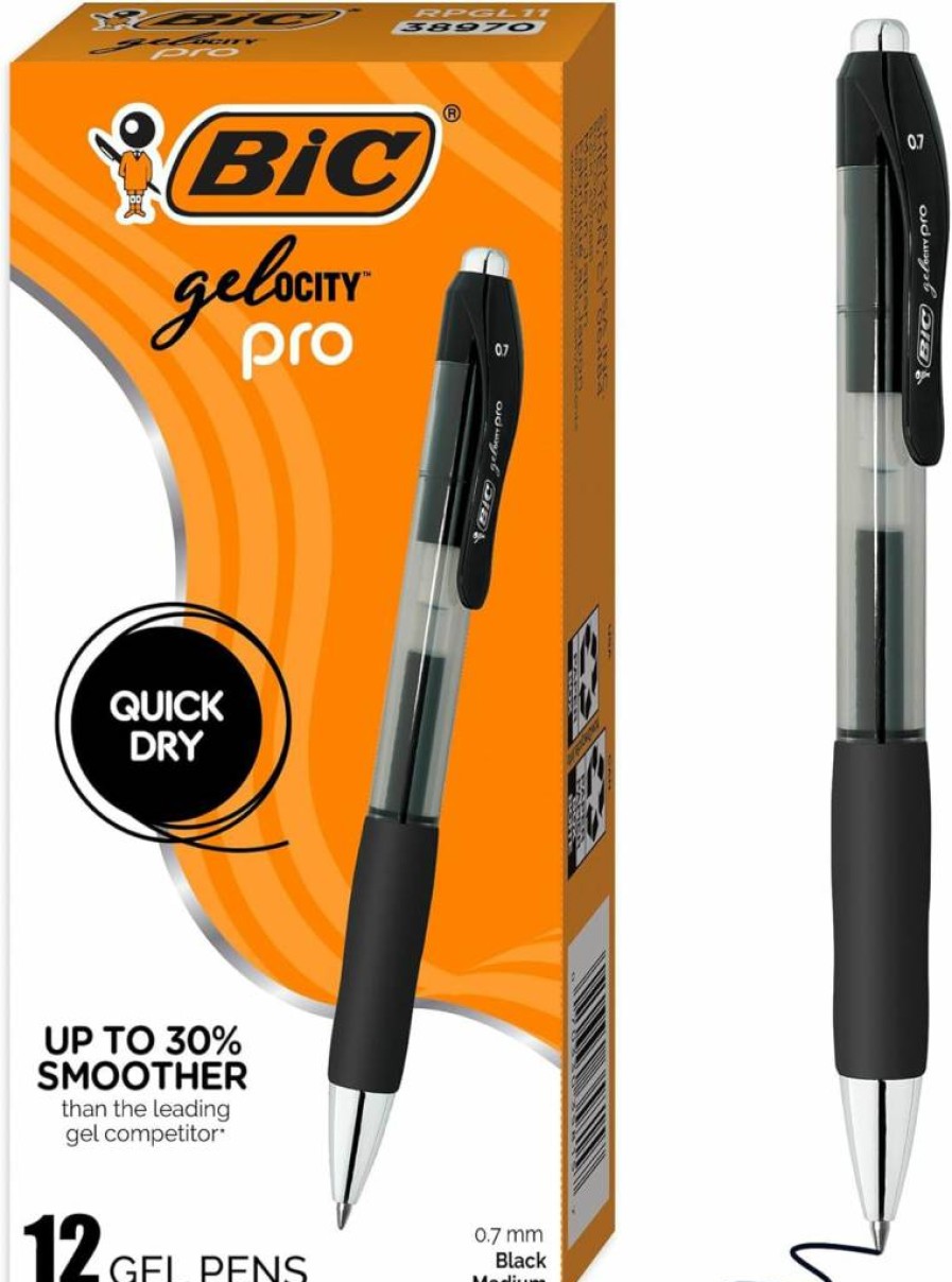BIC Gelocity Pro Gel Pens - 12 Pack, Medium Point 0.7mm, Smear-Resistant Black Ink, Comfort Grip, Smooth Writing Gel Pen Set for Office & School