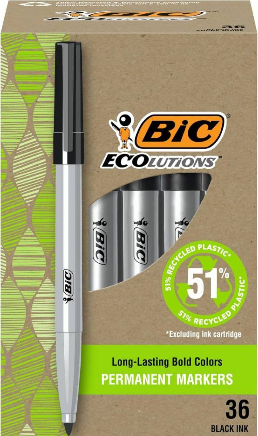 BIC Ecolutions Fine Point Permanent Markers, 36-Pack Black Bullet Tip, Made with 51% Recycled Plastic, Excludes Ink Cartridge