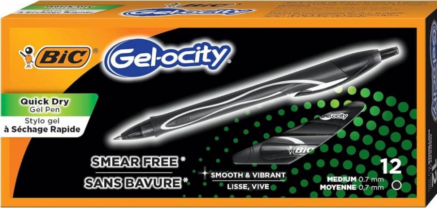 BIC Gel-Ocity Retractable Gel Pens, 0.7mm Medium Point, Quick-Dry Ink, Assorted Colors, 3-Pack