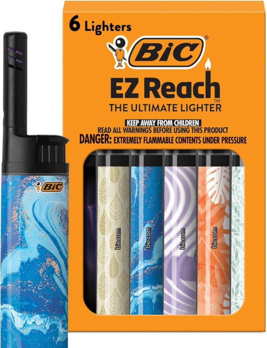 BIC Ez Reach Extended Lighter with Decorative Designs, 6-Pack – Long Wand for Easy Lighting