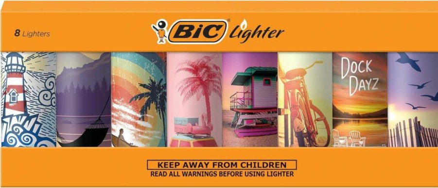 BIC Maxi Pocket Lighter 8-Pack, Special Edition Vacation Collection with Unique Designs, Windproof Disposable Lighters for Everyday Use