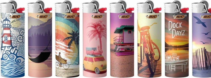 BIC Maxi Pocket Lighter 8-Pack, Special Edition Vacation Collection with Unique Designs, Windproof Disposable Lighters for Everyday Use