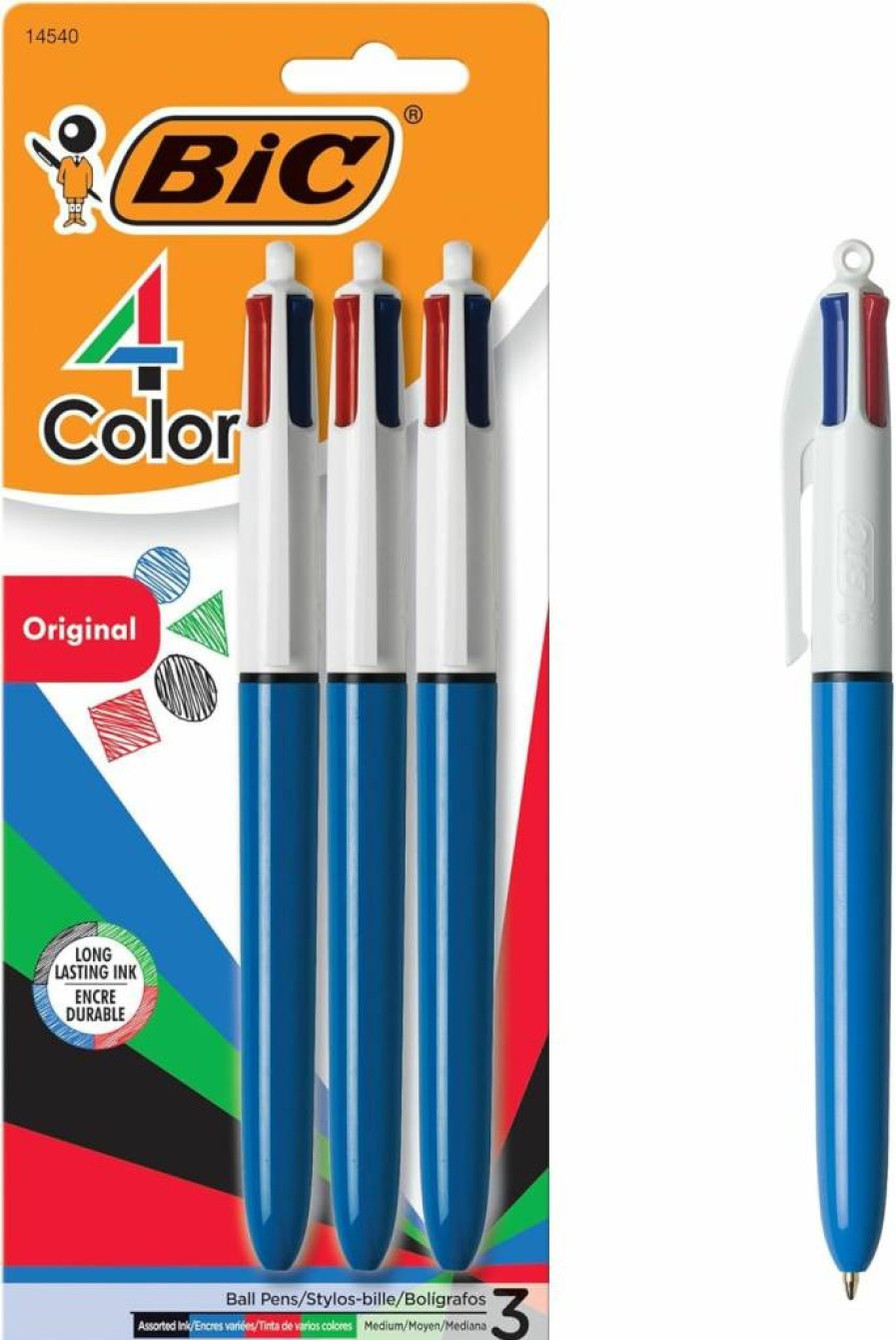 BIC 4-Color Retractable Ballpoint Pens, 1.0mm Medium Point, Assorted Colors (3-Pack), Smooth Writing, Long-Lasting Ink, Ideal for School, Office & Gifts