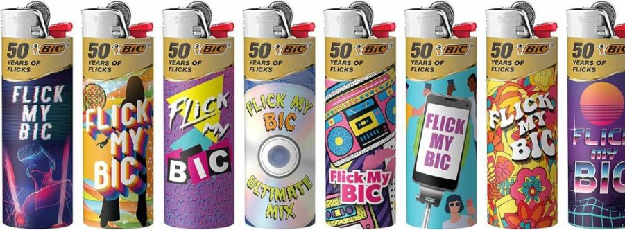 BIC Maxi Pocket Lighters 8-Pack, Special Edition Flick My Bic Collection with Unique Designs, Assorted Colors