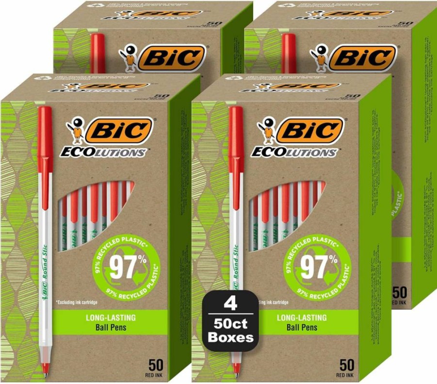 BIC Ecolutions Round Stic Ballpoint Pens, 1.0mm Medium Point, 200-Pack Red Ink Pens, 97% Recycled Plastic, Bulk Eco-Friendly Office Supplies