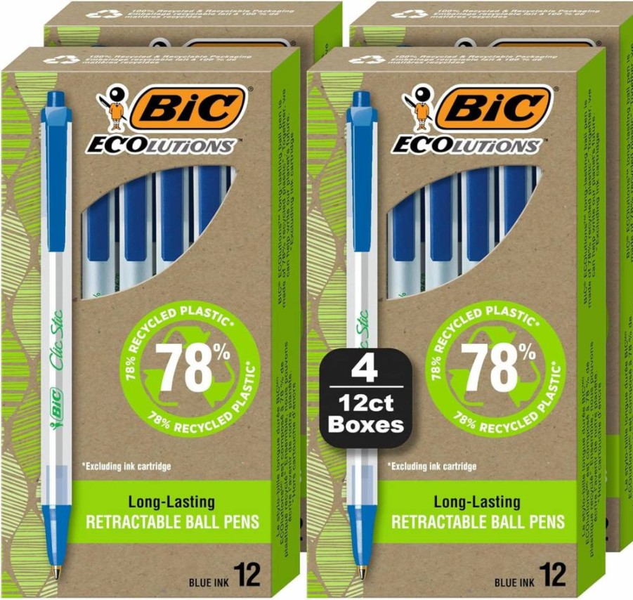 BIC Ecolutions Clic Stic Retractable Ballpoint Pens, Medium Point 1.0mm, 48-Pack, Made with 78% Recycled Plastic, Blue Ink