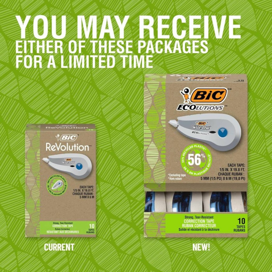 BIC Wite-Out Correction Tape Eco Pack - 10 Count, 19.8 Feet Total, 56% Recycled Plastic, White Out Tape for Quick Error Correction
