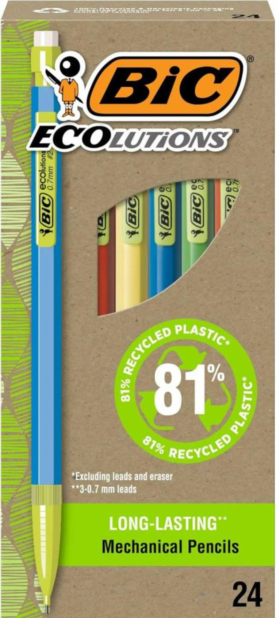 BIC MPE24-BLK Ecolutions Recycled Mechanical Pencils, 0.7mm Medium Point, 24-Pack with Erasers, Colorful Barrels, 81% Recycled Plastic