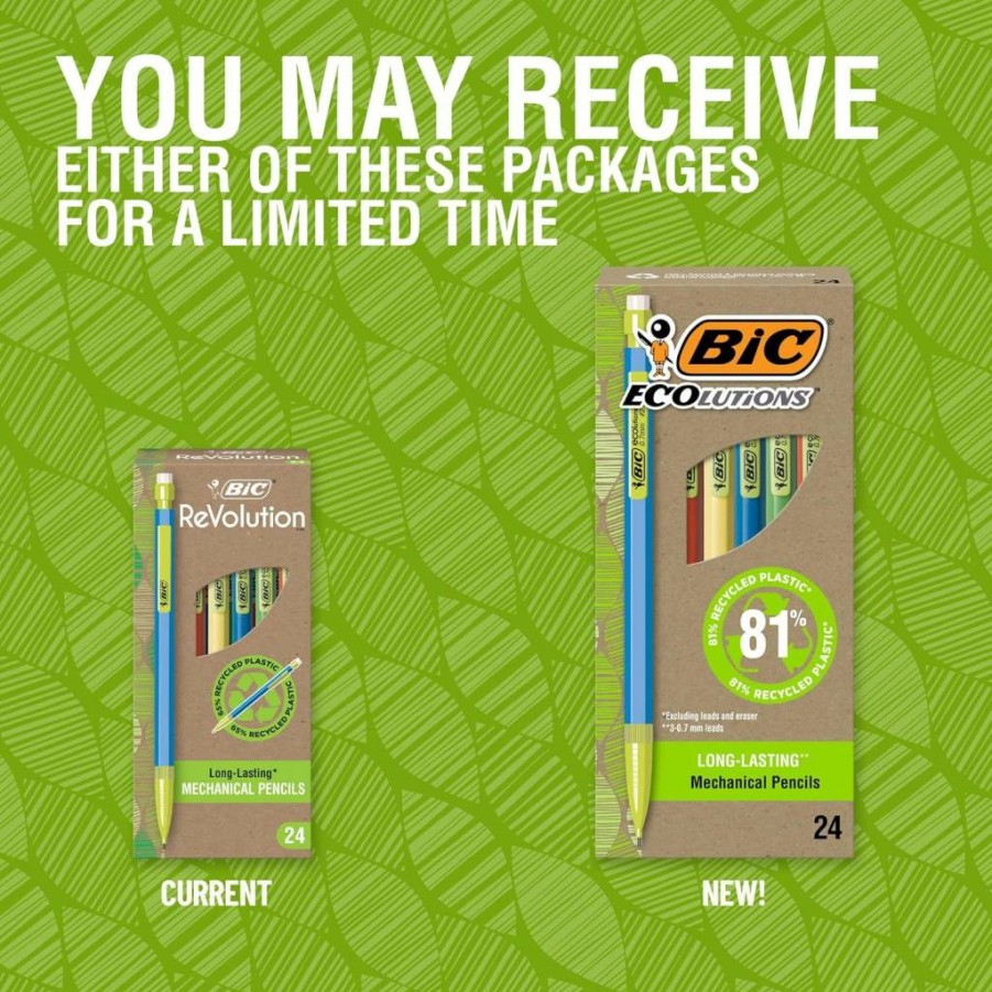 BIC MPE24-BLK Ecolutions Recycled Mechanical Pencils, 0.7mm Medium Point, 24-Pack with Erasers, Colorful Barrels, 81% Recycled Plastic