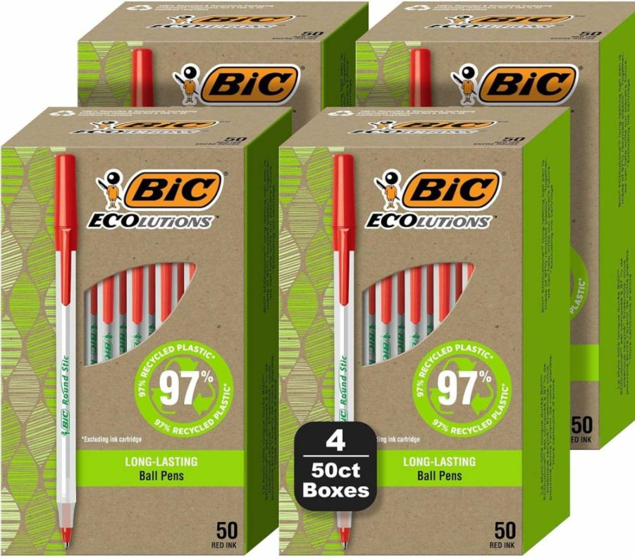 BIC Ecolutions Round Stic Ballpoint Pens, 1.0mm Medium Point, 200-Count Bulk Pack, Black Ink, 97% Recycled Plastic, Eco-Friendly Office & School Supplies