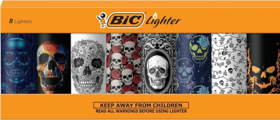 BIC Skulls Series Maxi Pocket Lighters - Set of 8, Windproof for Candles, Camping & Outdoor Use, Special Edition Collectible Design