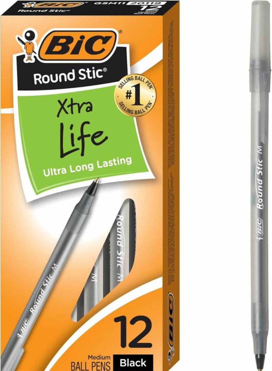 BIC Round Stic Xtra Life Ballpoint Pens, Medium Point 1.0mm, 12-Pack Bulk Black Pens, Comfort Grip Barrel, Best-Selling Smooth Writing Pens for Office & School Supplies