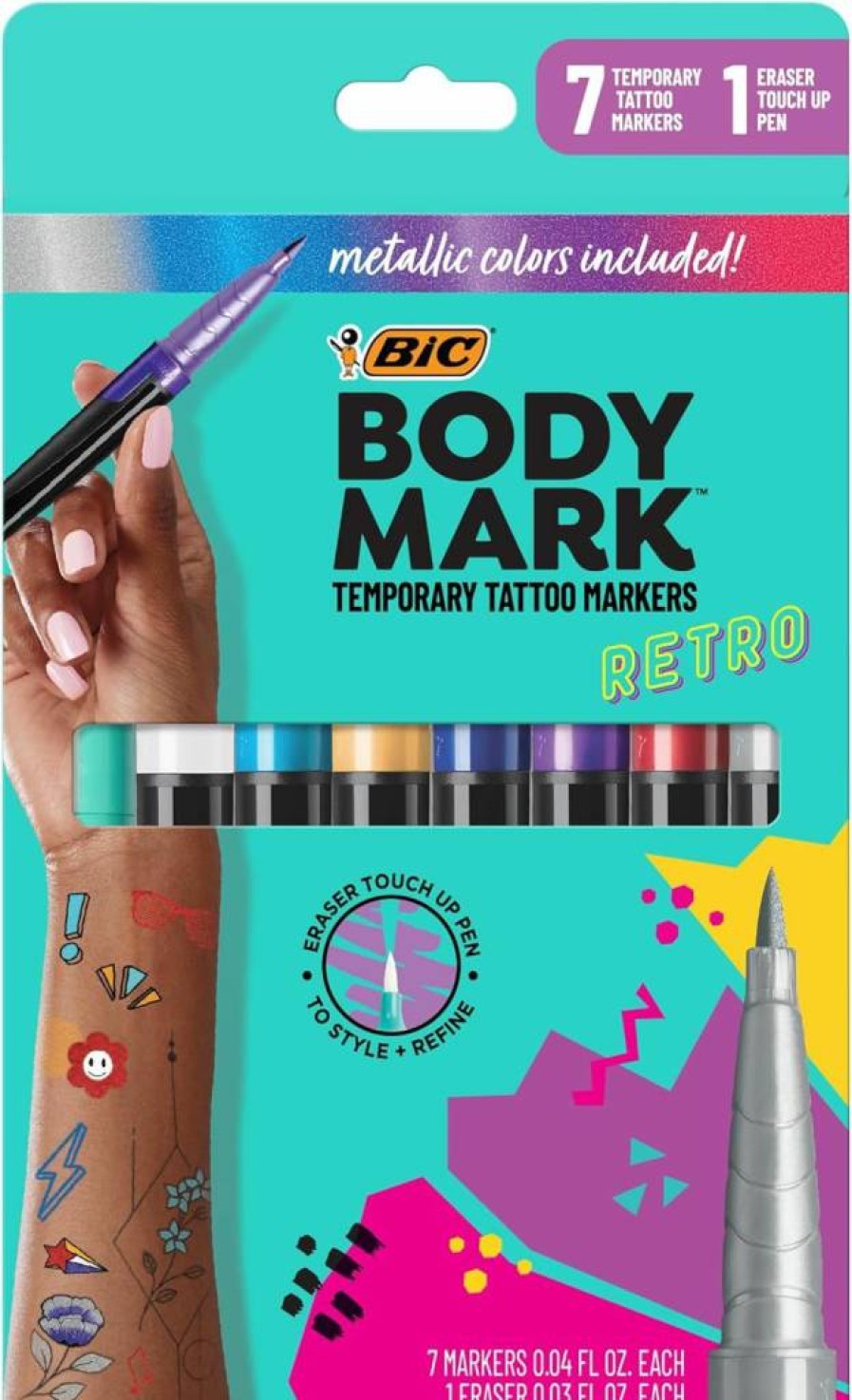 BODYMARK Temporary Tattoo Markers Kit - 8 Metallic & Bold Color Skin-Safe Markers with Brush Tip & Eraser Pen for Body Art, Face Painting & Cosplay