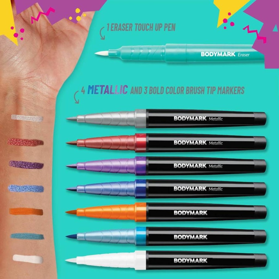 BODYMARK Temporary Tattoo Markers Kit - 8 Metallic & Bold Color Skin-Safe Markers with Brush Tip & Eraser Pen for Body Art, Face Painting & Cosplay