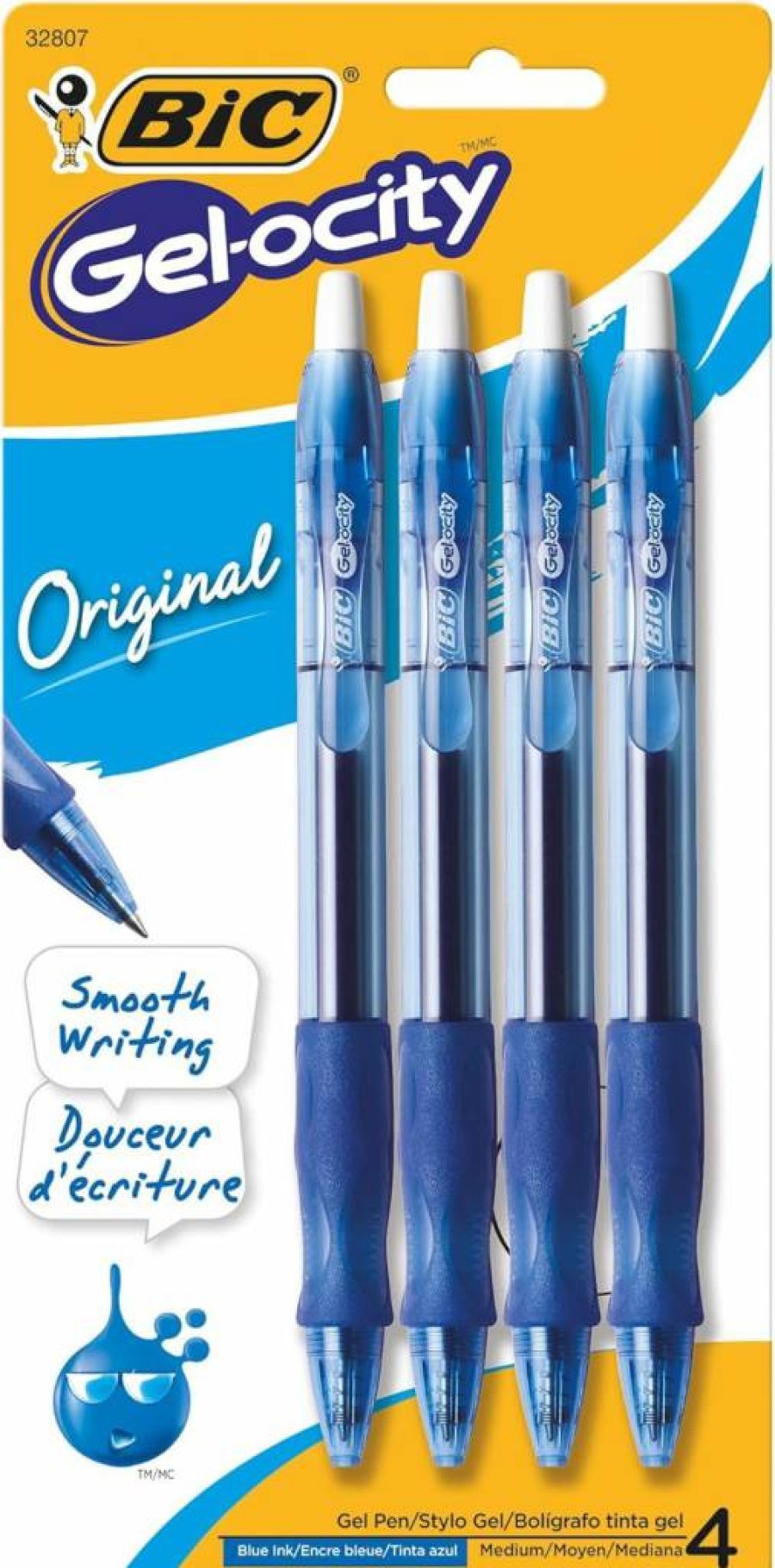 BIC Gelocity Retractable Gel Pens, Medium Point 0.7mm, 4-Pack, Blue Ink, Comfort Grip for Smooth Writing