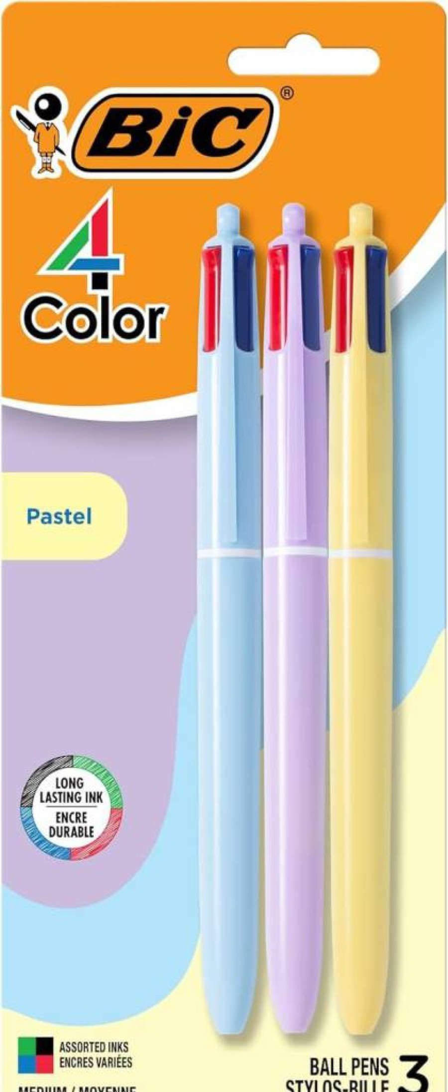 BIC 4-Color Retractable Pastel Ballpoint Pens, 1.0 mm Smooth Writing, 3-Pack Assorted Colors