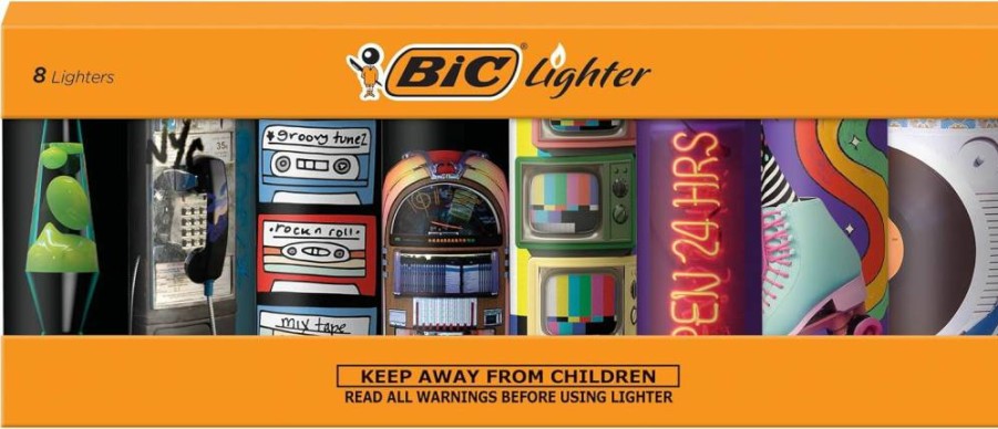 BIC Maxi Pocket Lighter 8-Pack, Special Edition Nostalgia Collection with Unique Designs, Assorted Colors, Windproof Flame for Everyday Use
