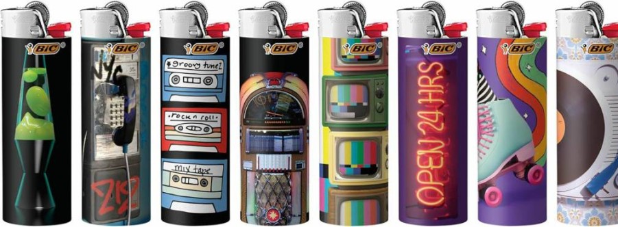 BIC Maxi Pocket Lighter 8-Pack, Special Edition Nostalgia Collection with Unique Designs, Assorted Colors, Windproof Flame for Everyday Use
