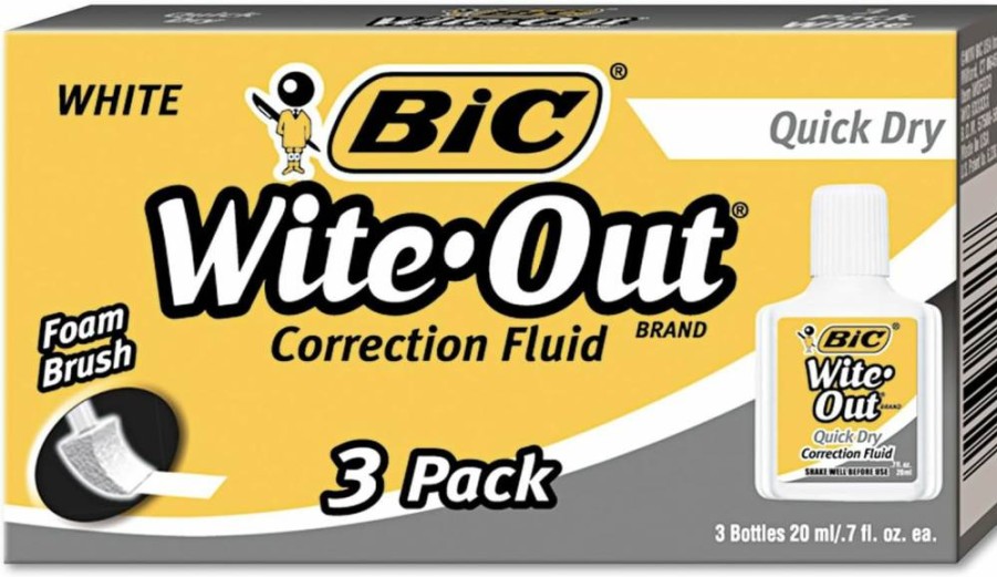 BIC Wite-Out Quick Dry Correction Fluid, 3-Pack, White, Fast-Drying, 0.18 fl oz Bottles, Office & School Supplies (BICWOFQD324)