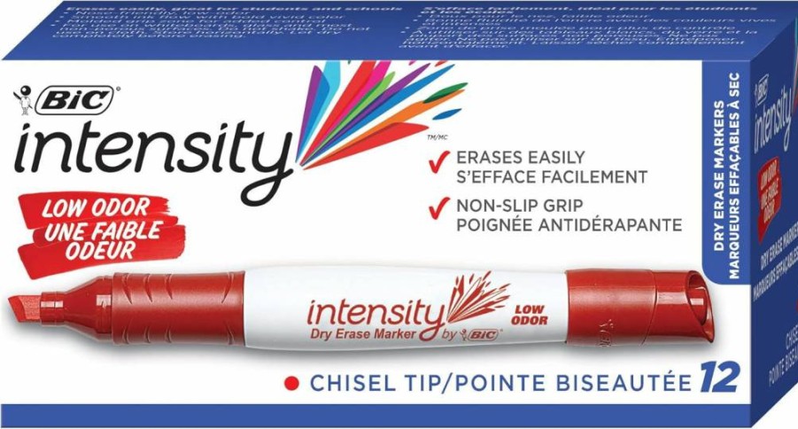 BIC Intensity Low Odor Dry Erase Markers, 12-Pack, Chisel Tip, Red, Non-Toxic, Clean Erasing, Whiteboard Markers for Office & Classroom