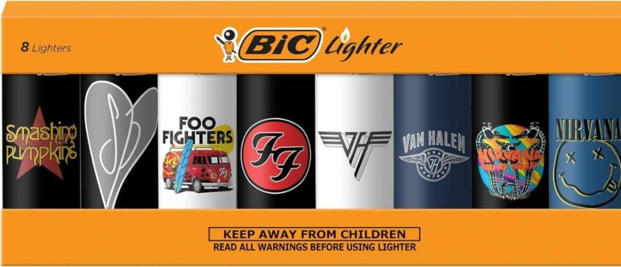 BIC Rock Band Series Collectible Pocket Lighters - Smashing Pumpkins, Foo Fighters, Nirvana, Van Halen (Set of 8)