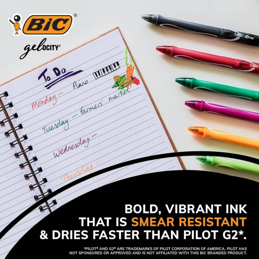BIC Gelocity Retractable Gel Pens, 0.7mm Medium Point, 12-Pack Quick-Dry Assorted Colors, Comfort Grip for Smooth Writing