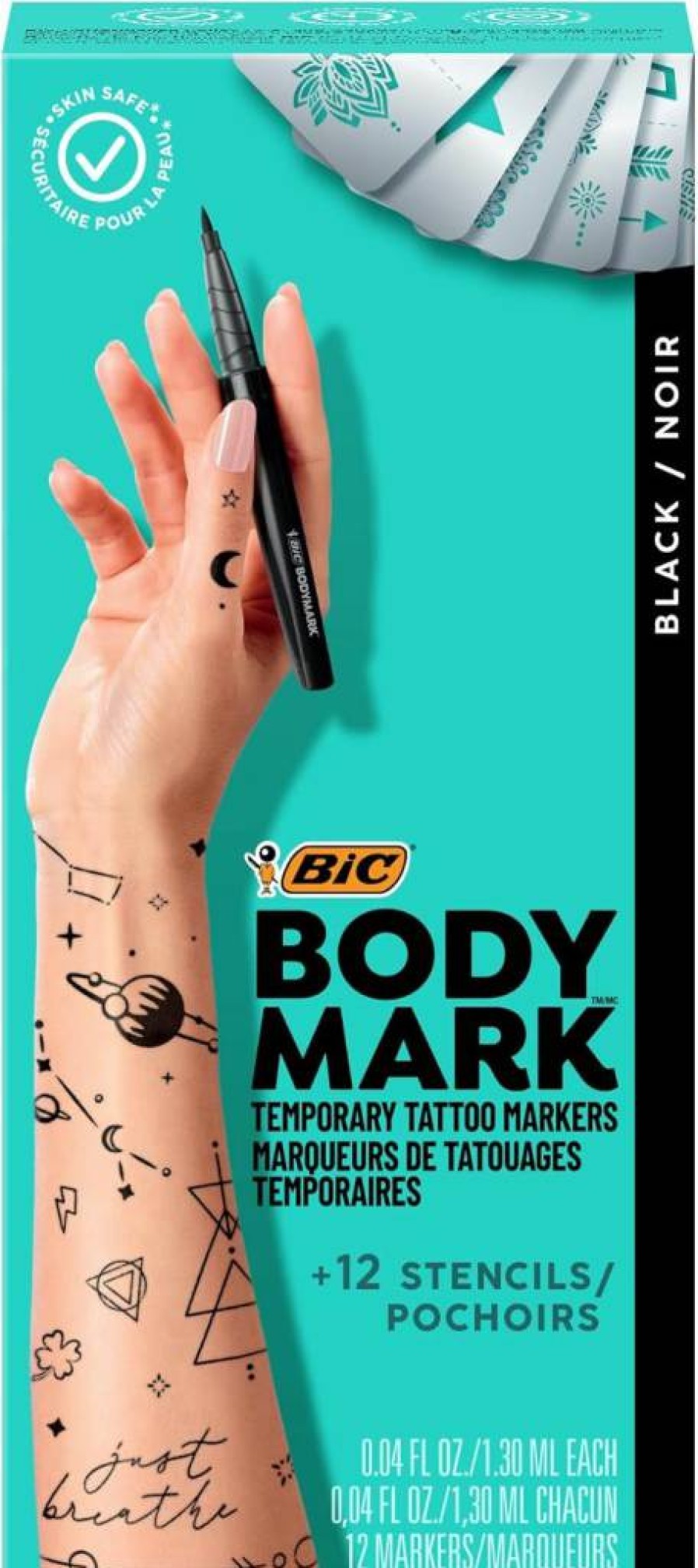BODYMARK Temporary Tattoo Markers 12-Pack - Black Skin-Safe Ink, Mixed Tip for Body Art & Cosmetics