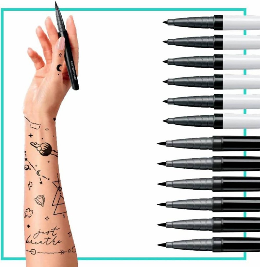 BODYMARK Temporary Tattoo Markers 12-Pack - Black Skin-Safe Ink, Mixed Tip for Body Art & Cosmetics