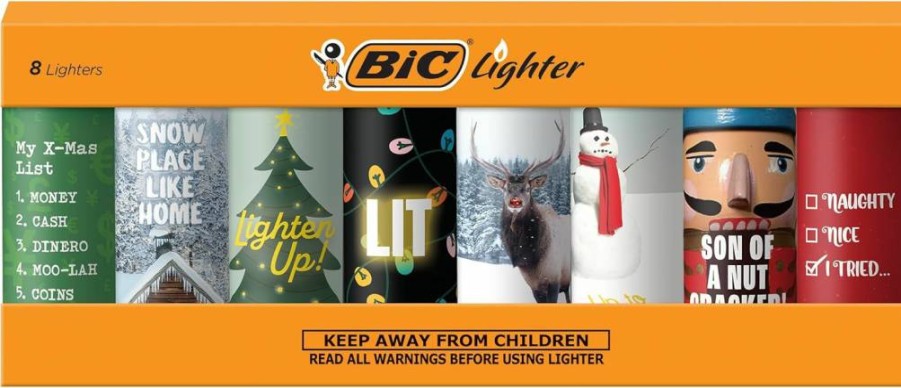 BIC Maxi Pocket Lighter Holiday Special Edition - 8-Pack Assorted Unique Designs, Perfect Stocking Stuffer Gift