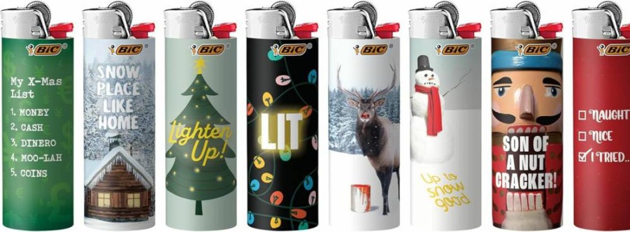 BIC Maxi Pocket Lighter Holiday Special Edition - 8-Pack Assorted Unique Designs, Perfect Stocking Stuffer Gift