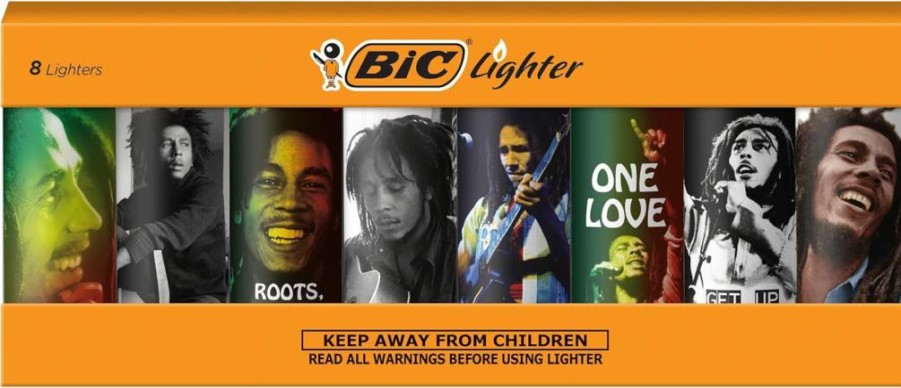 BIC Maxi Pocket Lighter 8-Pack, Bob Marley Special Edition, Assorted Unique Designs, Windproof Disposable Lighters